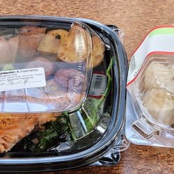 Henry's Cafe - Salmon with potatoes and broccoli. Shrimp shumai dumplings