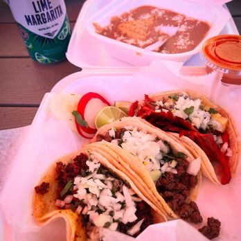 Los Agavez Taqueria - Al Pastor, Asada & Chorizo tacos with side of beans (and canned margarita from store night next to the truck) - PERFECTION! - Mexican Near Me - Columbus, Ohio
