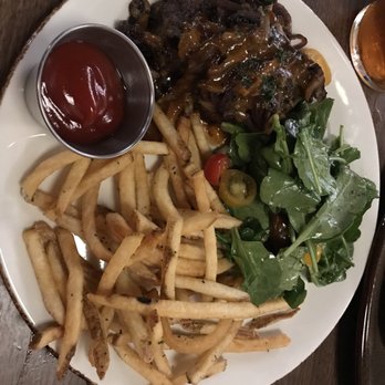 7 Mile Kitchen - Delicious steak with sautéed mushrooms and onions, fries and arugula salad... outstanding!!! - New American Near Me - Carlsbad, California