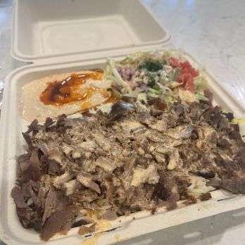 Beef Wrap & Company - Doner Beef Kabob with spicy garlic sauce, rice, garden salad, pita and hummus. - Mediterranean Near Me - Lancaster, California Beef Wrap & Company - Doner Beef Kabob with spicy garlic sauce, rice, garden salad, pita and hummus. - Mediterranean Near Me - Lancaster, California