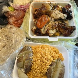 The full meal for $10, includes a whole roast chicken, 2 baked potatoes, rice, condiments, and tortillas! The full meal for $10, includes a whole roast chicken, 2 baked potatoes, rice, condiments, and tortillas!