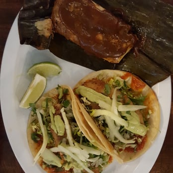 Tenoch Mexican - Two Pescado Tacos and a Pork Tamal with mole sauce! - Mexican Near Me - Somerville, Massachusetts