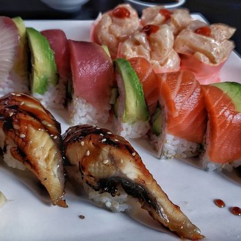 Chiba - "YUMMY! Rainbow roll with a side of eel and wasabi scallops! STUPENDOUS!" - Sushi Bars Near Me - Westfield, Indiana
