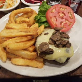 Junior's Restaurant - Swiss Steakburger with Sauteed Mushrooms, Onion Rings and Steak Frites - Bakeries Near Me - Brooklyn, New York