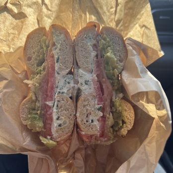 Emerald City Bagels - The Suffolk on a Garlic Bagel (no capers & added avocado spread) - Bagels Near Me - Atlanta, Georgia Emerald City Bagels - The Suffolk on a Garlic Bagel (no capers & added avocado spread) - Bagels Near Me - Atlanta, Georgia