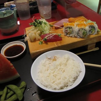 Shogun Sushi - My sashimi plate with a California roll, $19. Comes with really good Japanese salad and miso soup. - Sushi Bars Near Me - Palmdale, California Shogun Sushi - My sashimi plate with a California roll, $19. Comes with really good Japanese salad and miso soup. - Sushi Bars Near Me - Palmdale, California