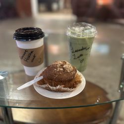 Sozo Coffeehouse - Hot peppermint matcha, iced lavender matcha, and a cinnamon muffin.