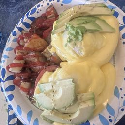 Tomato Benedict Special added pouch eggs and avocado with their homemade fries. Tomato Benedict Special added pouch eggs and avocado with their homemade fries.
