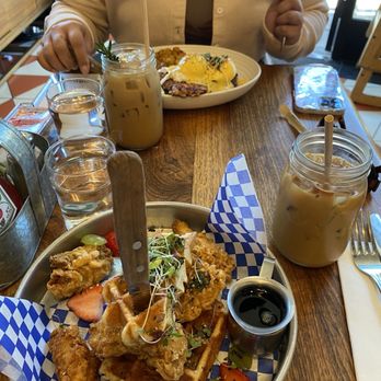 Kitchen Story - Popcorn Chicken and Waffle Bits Breakfast, Iced cinnamon latte with oatmilk - Breakfast & Brunch Near Me - Oakland, California