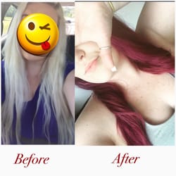 Karizma Salon - Left; before (damaged bleached and stripped) Right; (two semi permanent colors, exactly what I asked for)