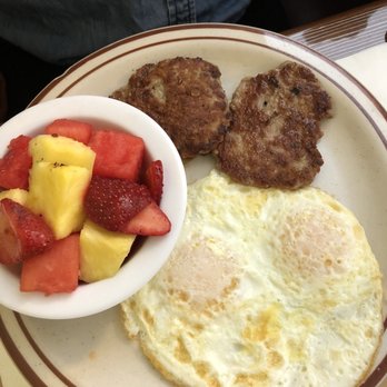 CJ’s Cafe - Two eggs with sausage patties and fruit - Mexican Near Me - Los Angeles, California CJ’s Cafe - Two eggs with sausage patties and fruit - Mexican Near Me - Los Angeles, California