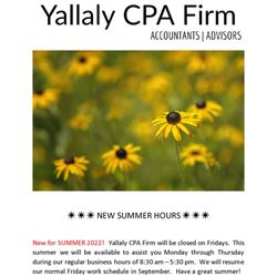 Yallaly CPA Firm PA - Summer Hours:

Mon - Thurs Open
8:30 am - 5:30 pm

Fri - Sun Closed