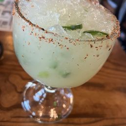 Loads of jalepeno seeds and ice but no tequila. The waiter said the large has 3 shots of tequila. Zero in this Loads of jalepeno seeds and ice but no tequila. The waiter said the large has 3 shots of tequila. Zero in this