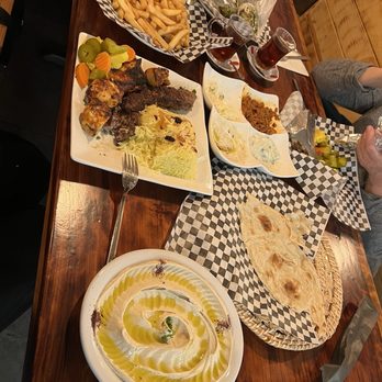 Sumer Nights - Hummus and french fries and falafel sandwich, Shawarma sandwich and the mixed kebab plate and french fries - Mediterranean Near Me - Sacramento, California