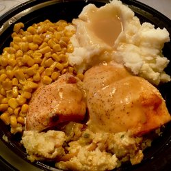 Campora Catering - Stuffed chicken breast with mashed potatoes and corn.