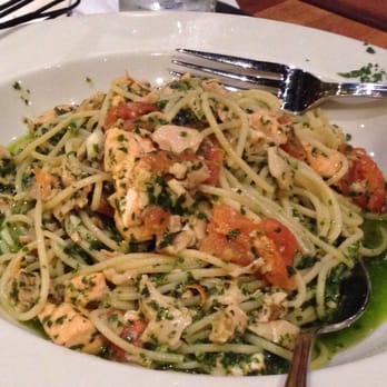Tomatina - Pescatoro - pasta with chopped clams and salmon in pesto. - Italian Near Me - San Mateo, California Tomatina - Pescatoro - pasta with chopped clams and salmon in pesto. - Italian Near Me - San Mateo, California
