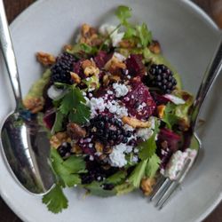 A must-share table app. Roasted beets, blackberries, some type of nut and an avocado creme sauce. To die for.