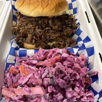 Blue Haze BBQ - Smoked chopped brisket sandwich with homemade slaw - Barbeque Near Me - Barto, Pennsylvania Blue Haze BBQ - Smoked chopped brisket sandwich with homemade slaw - Barbeque Near Me - Barto, Pennsylvania