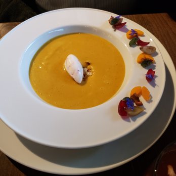 Copine - BUTTERNUT SQUASH SOUP, confit chestnuts, pickled chanterelle mushrooms, whipped red onion crème fraîche - French Near Me - Seattle, Washington