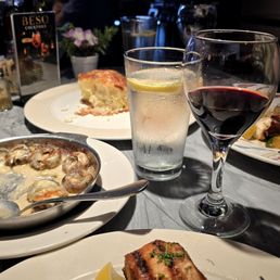 Salmon dinner, blue cheese mushrooms, feta baked bread