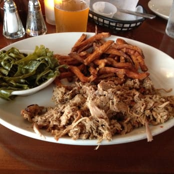 The Pit - Chopped BBQ plate, collard greens, sweet potato fries. Yum! - Barbeque Near Me - Raleigh, North Carolina