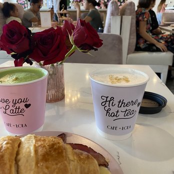 Cafe Lola - Strawberry gold matcha with a vanilla latte . Bacon croissant breakfast sandwich. - Cafes Near Me - Henderson, Nevada