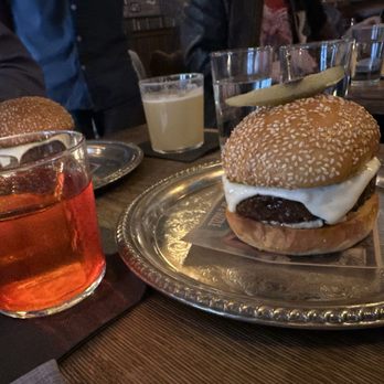 Sip & Guzzle - Burger, good. Too much bun on top overwhelms it, masks & takes away from the burger. Anyway, not worth the hype. - Izakaya Near Me - New York, New York