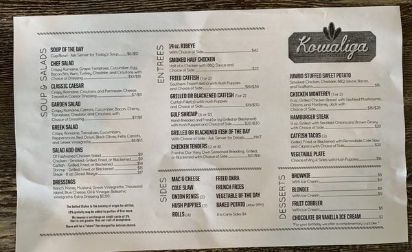 Menu photo 3 Kowaliga Restaurant Alexander City, AL