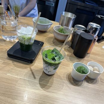 Hatoya - Salted matcha latte (on the left) with matcha ice cream and shiratama, Joyo3 matcha latte - Coffee & Tea Near Me - Las Vegas, Nevada