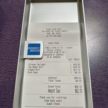 Sushi Siam Taos - Receipt. Prices a little steep. - Sushi Bars Near Me - Taos, New Mexico Sushi Siam Taos - Receipt. Prices a little steep. - Sushi Bars Near Me - Taos, New Mexico