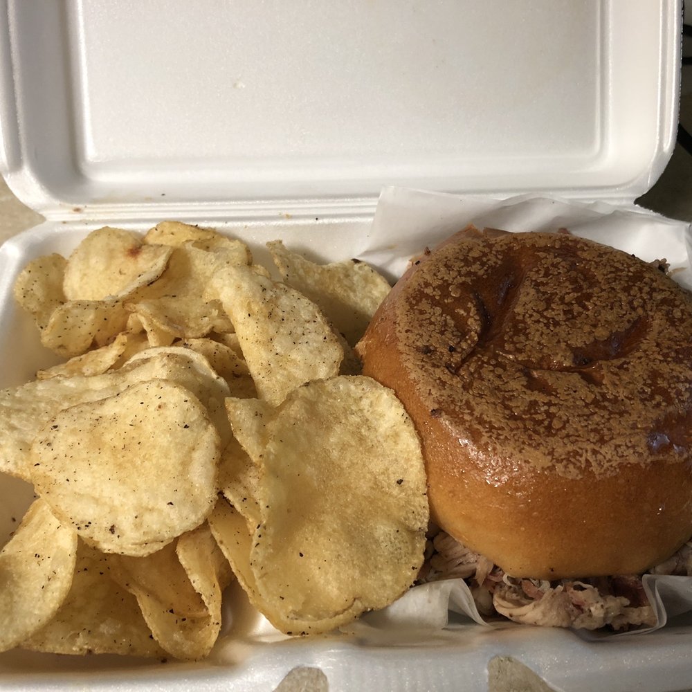 Pulled pork sandwich and chips - $8.95 Pulled pork sandwich and chips - $8.95