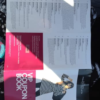 Folsom Premium Outlets - VIP Coupon Book, 3 fold 8 1/2 x 11 sheet of semi gloss paper. Not what I expected. Definitely not a "book". Very teeny print. - Shopping Centers Near Me - Folsom, California