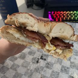 BYO bagel with bacon, pepper-Jack cheese and Mayo! Also included an egg.