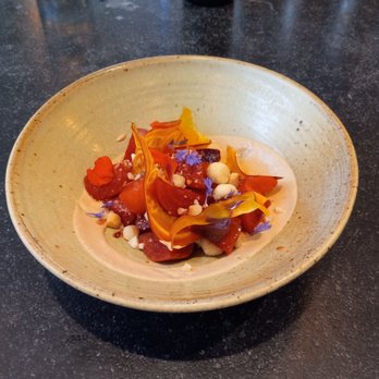 Little Saint - Roasted beet salad with stone fruit, macadamia nuts, miso and turmeric vinegar. - Vegan Near Me - Healdsburg, California