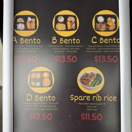 Bento selection. Great deal and lots of food! It comes with a canned drink of your choice. Bento selection. Great deal and lots of food! It comes with a canned drink of your choice.