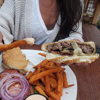 Aromas Grill - Aromas burger cooked med-well w/sweet pot fries - American Near Me - Aromas, California Aromas Grill - Aromas burger cooked med-well w/sweet pot fries - American Near Me - Aromas, California
