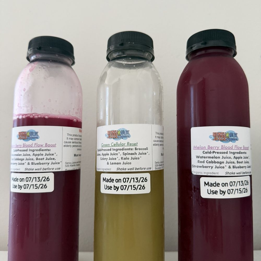 Senzu Juice and Smoothies - Melon Berry Blood Flow Boost juice, Green Cellular reset juice - Juice Bars & Smoothies Near Me - Brooklyn, New York