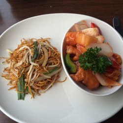 Zensation - Cantonese sweet and sour chicken with plain chow neon