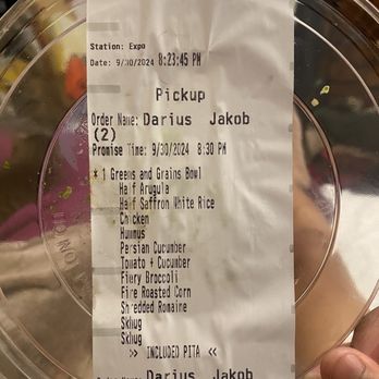 CAVA - Ticket explaining my order - Mediterranean Near Me - Irvine, California