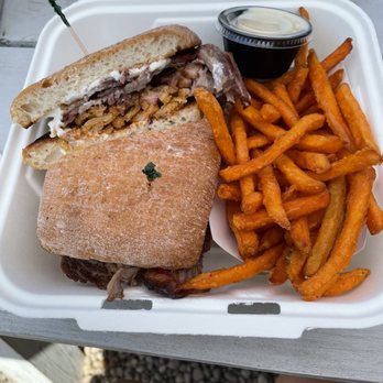 Flo's Luncheonette - 12 hour beef brisket (special) and sweet potato fries- delicious on this summer day! - American Near Me - Blue Point, New York