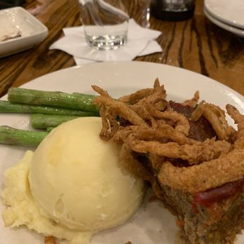 River Birch Lodge - Meatloaf special with crispy onions, mashed potatoes and asparagus. Sooo good - New American Near Me - Winston-Salem, North Carolina