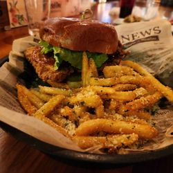 Bourbon Bowl - Hot honey chicken sandwich & parm fries