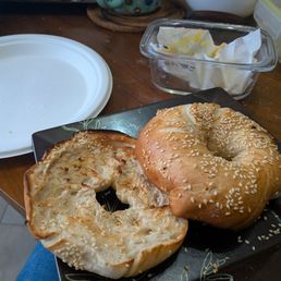 sesame bagel. sliced and toasted at home