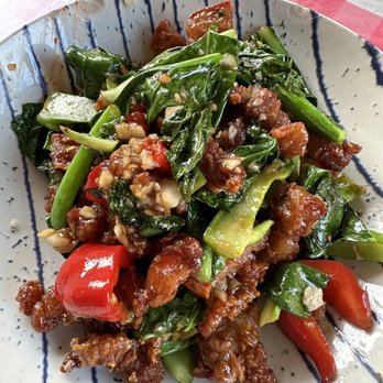 Saranrom Thai - Crispy pork with Chinese Broccoli with Crispy Pork - Thai Near Me - Elmhurst, New York