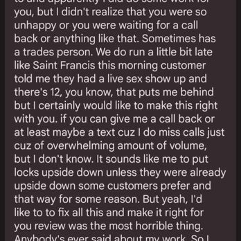 Scott's Key & Lock Solutions - Don't lie to people and say I have the wrong company. - The image shows a smartphone screen with a text message conversation from Scott's Key & Lock Solutions. The message is addressed to Jeffrey and discusses a customer service concern, mentioning work done for Jeffrey and a request for a callback or text response. The message includes a phone number and is timestamped at 12:34 PM. The phone interface shows navigation icons at the bottom for Favorites, Recents, Contacts, and Voicemail. - Keys & Locksmiths Near Me - Rio Rancho, New Mexico