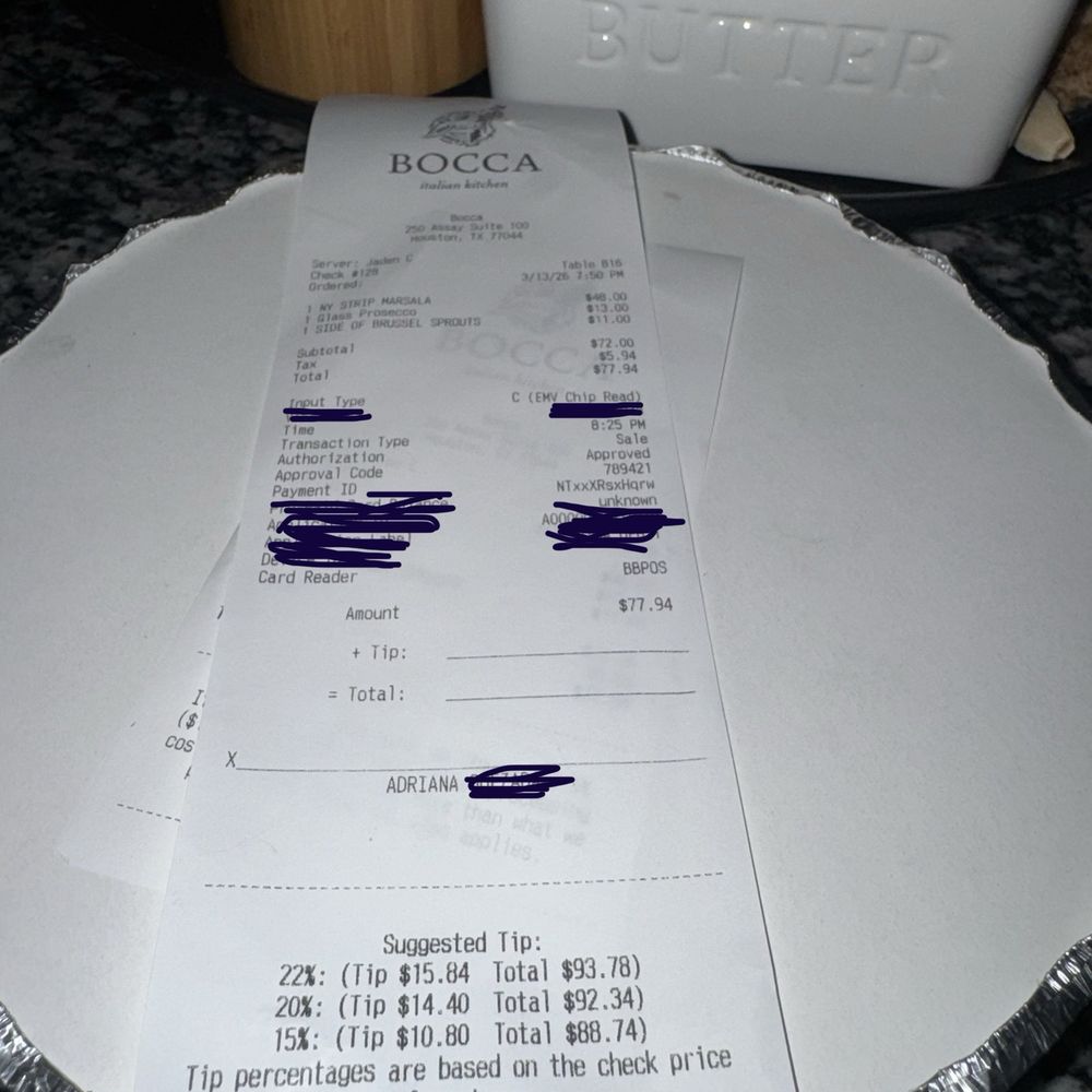 Bocca Italian Kitchen - The Togo box with my customer copy of the receipt - Italian Near Me - Houston, Texas