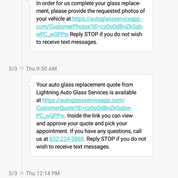 Lightning Auto Glass Services - tons of text with appointment confirmation, but means nothing if you don't send 20% upfront, send to... no instructions... - Windshield Installation & Repair Near Me - Cypress, Texas Lightning Auto Glass Services - tons of text with appointment confirmation, but means nothing if you don't send 20% upfront, send to... no instructions... - Windshield Installation & Repair Near Me - Cypress, Texas