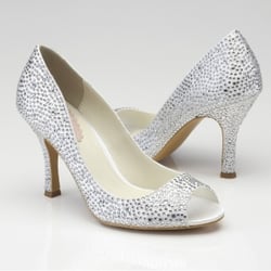 Rhea Nichols - Open toe, 3in heel, and available in silver and white satin: Celebrate by Pink is an elegant bridal or special occasion shoe!