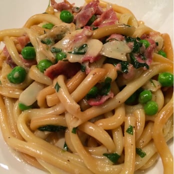 Pazzo - Smoked Bucatini Pasta with pancetta, garlic, and peas - Pizza Near Me - San Carlos, California Pazzo - Smoked Bucatini Pasta with pancetta, garlic, and peas - Pizza Near Me - San Carlos, California