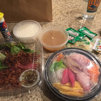 Awesome Sushi - Chirashi bowl tuna sashimi to-go order plus she threw in a tube of m&ms gahagahahah - Japanese Near Me - Long Beach, California